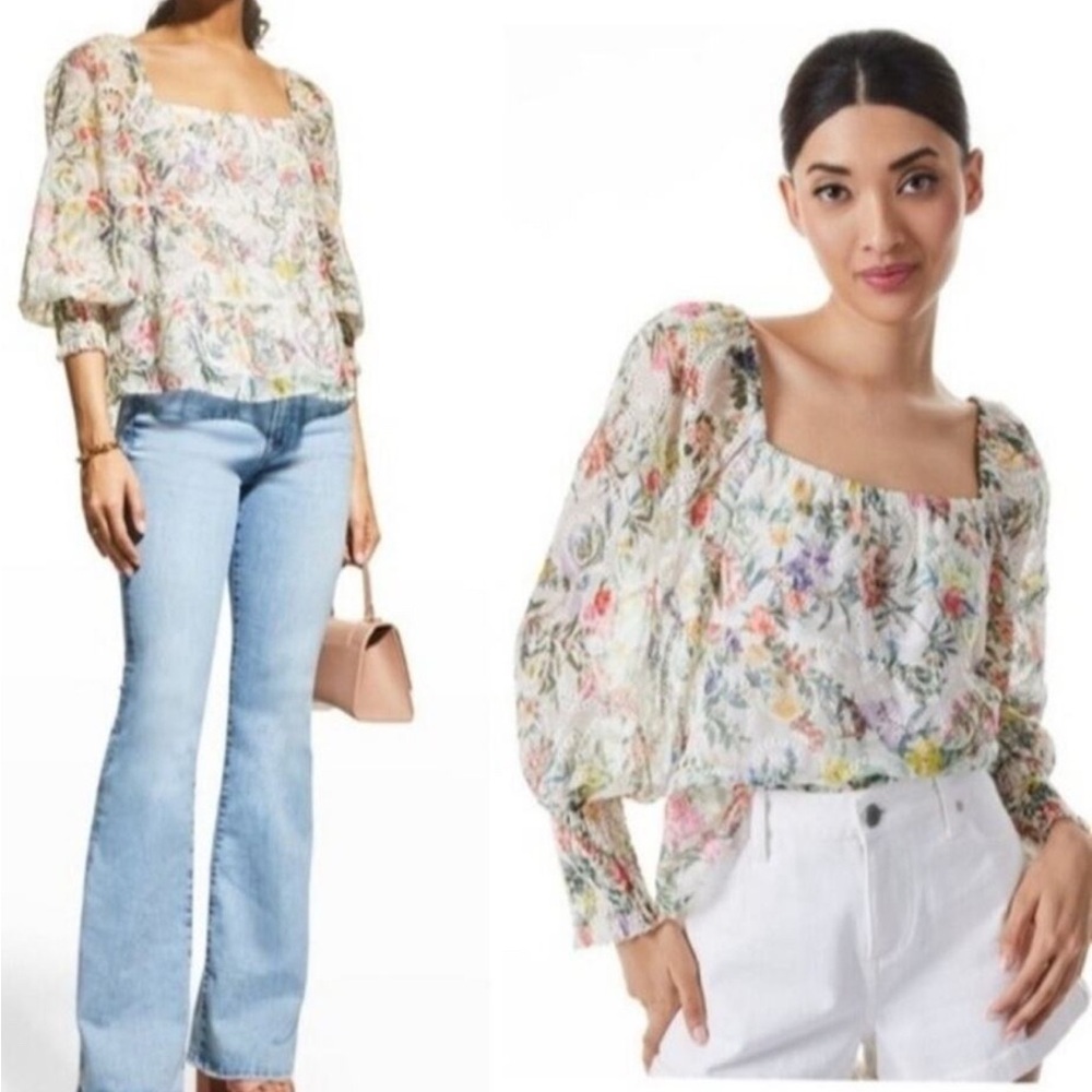 💕ALICE + OLIVIA💕 Rowa Smocked Eyelet Top XS Fleur Off-White Multi-Color Floral